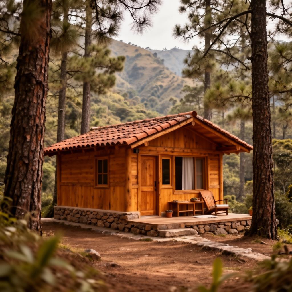 Cabaña rústica entre pinos en las montañas de México