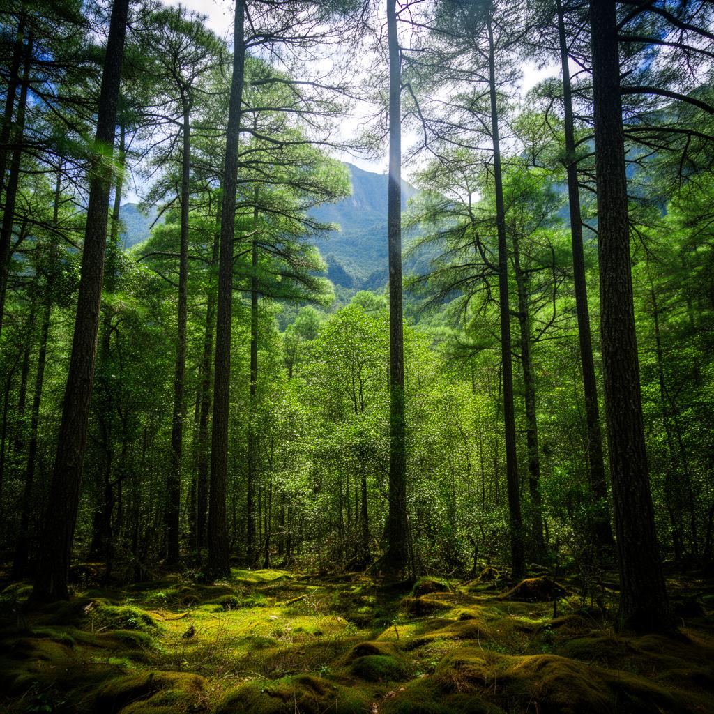 Bosque denso con luz filtrada entre los pinos